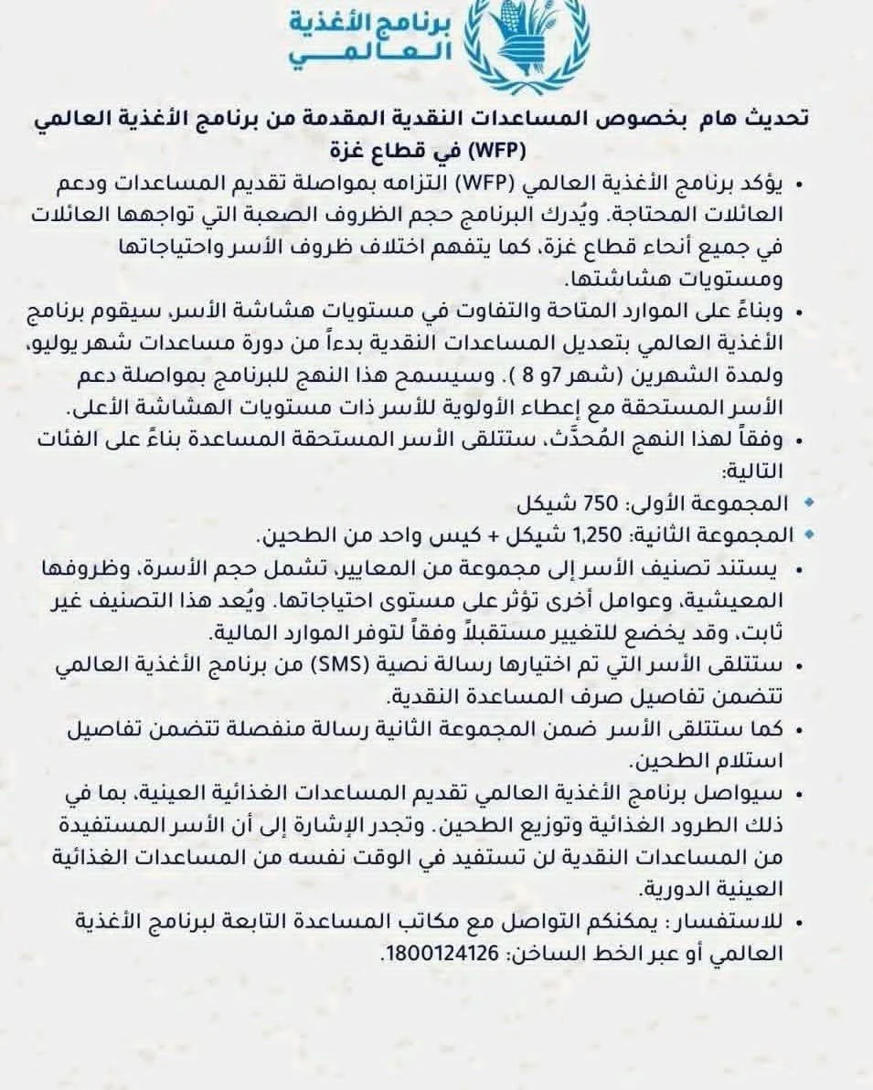 تحديث مساعدات برنامج الأغذية العالمي في غزة: 750 شيكل أو 1250 شيكل وكيس طحين