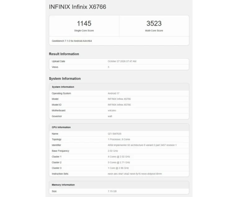 هاتف Infinix Note 70 Pro يظهر على منصة اختبارات الأداء بمعالج غامض هاتف Infinix Note 70 Pro يظهر على منصة اختبارات الأداء بمعالج غامض