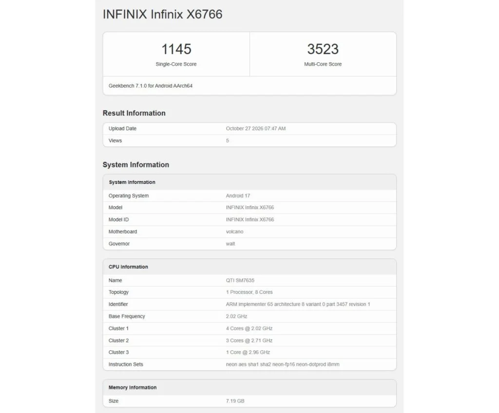 هاتف Infinix Note 70 Pro يظهر على منصة اختبارات الأداء بمعالج غامض